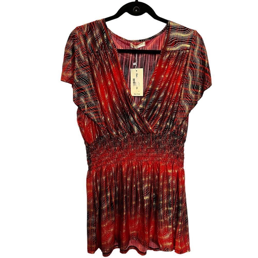 Seven Islands Women's Short Sleeve Blouse Size 3X Black, Red with gold thread